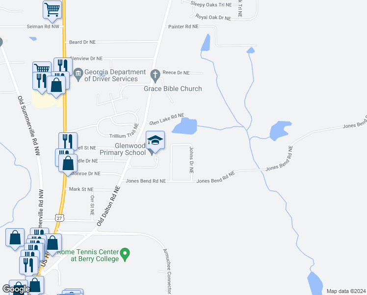 map of restaurants, bars, coffee shops, grocery stores, and more near 22 Johns Drive Northeast in Rome