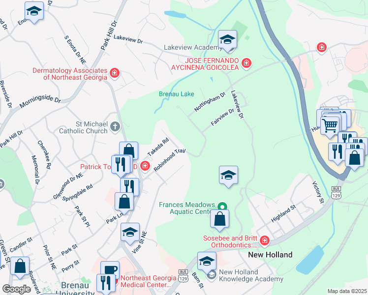 map of restaurants, bars, coffee shops, grocery stores, and more near 515 Robinhood Trail in Gainesville