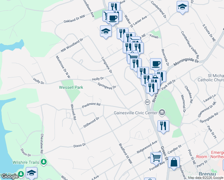 map of restaurants, bars, coffee shops, grocery stores, and more near 1076 Holly Drive in Gainesville