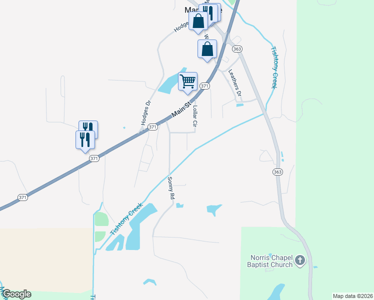 map of restaurants, bars, coffee shops, grocery stores, and more near 20 Fennell Drive in Mantachie