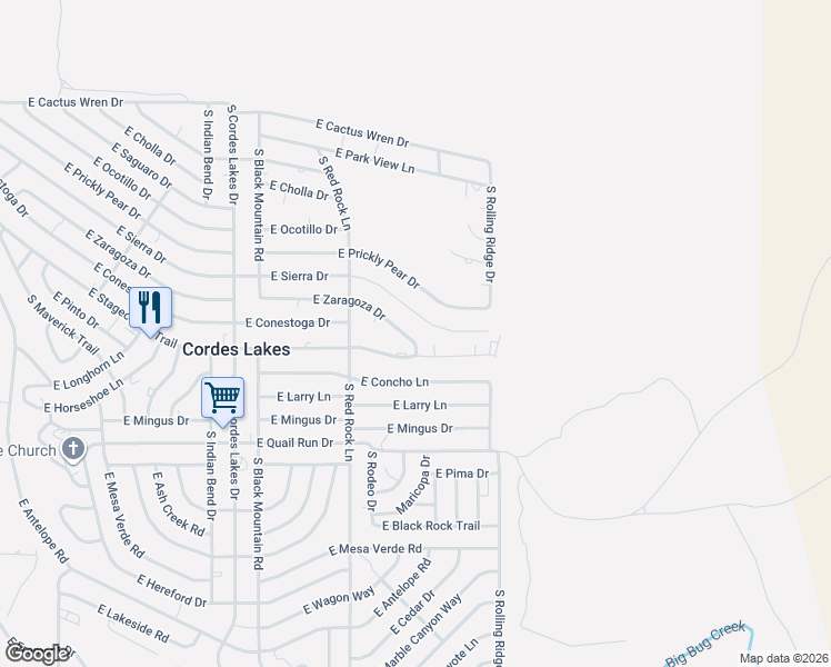 map of restaurants, bars, coffee shops, grocery stores, and more near 20814 East Stagecoach Trail in Mayer