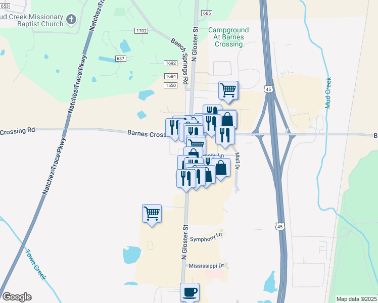 map of restaurants, bars, coffee shops, grocery stores, and more near 3982 North Gloster Street in Tupelo