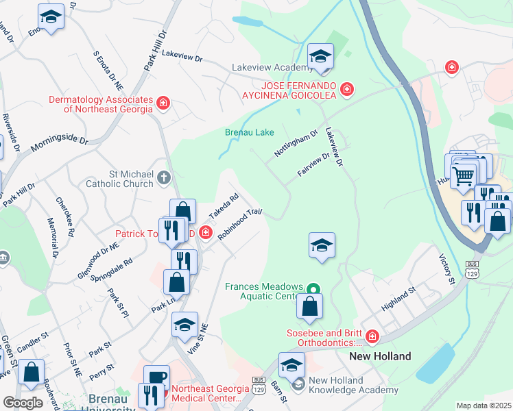 map of restaurants, bars, coffee shops, grocery stores, and more near 515 Robinhood Trail in Gainesville