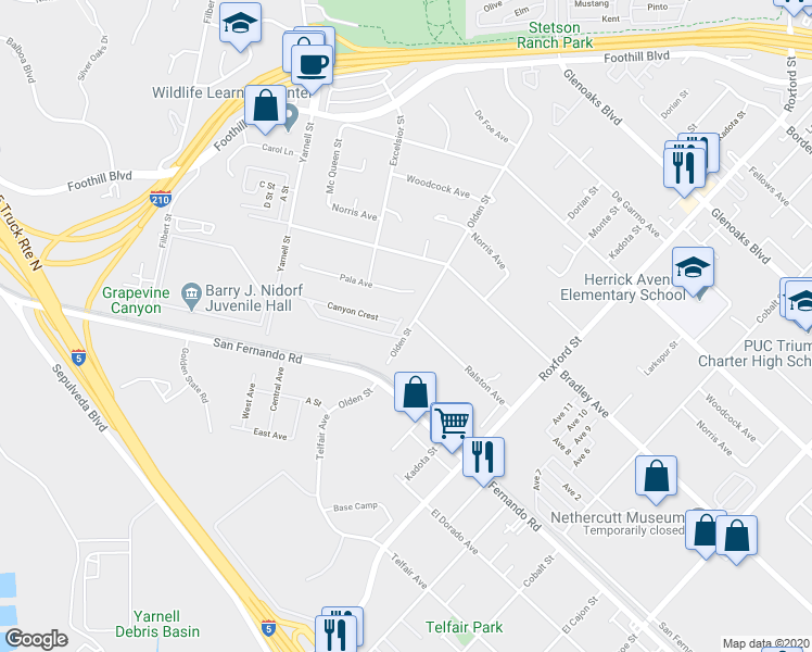 map of restaurants, bars, coffee shops, grocery stores, and more near 15831 Olden Street in Los Angeles
