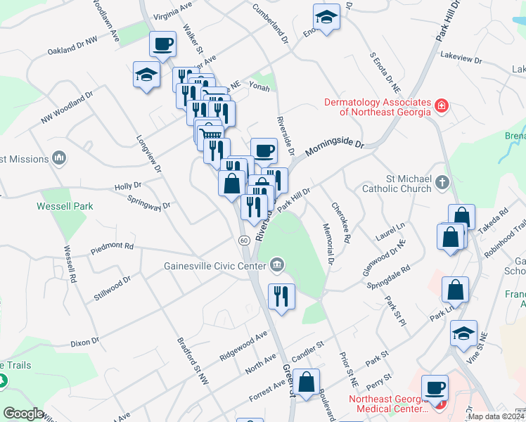 map of restaurants, bars, coffee shops, grocery stores, and more near 981 Riverside Drive in Gainesville