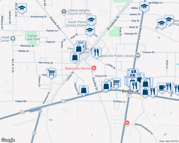 map of restaurants, bars, coffee shops, grocery stores, and more near 119 Dabney Street in Batesville