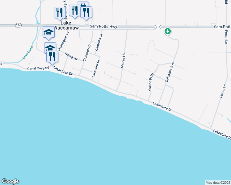 map of restaurants, bars, coffee shops, grocery stores, and more near 513 Lakeshore Drive in Lake Waccamaw