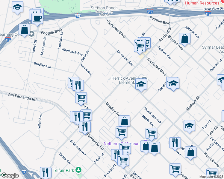 map of restaurants, bars, coffee shops, grocery stores, and more near 13346 Los Olivos Road in Los Angeles
