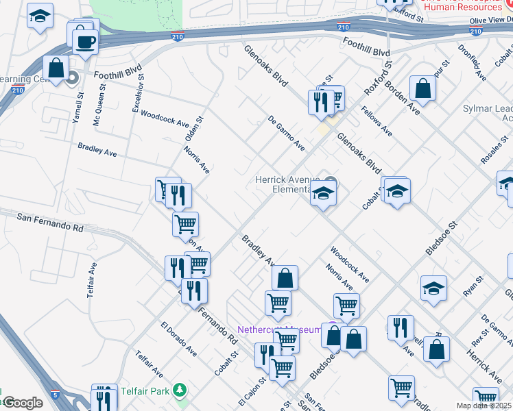 map of restaurants, bars, coffee shops, grocery stores, and more near 13346 Los Olivos Road in Los Angeles