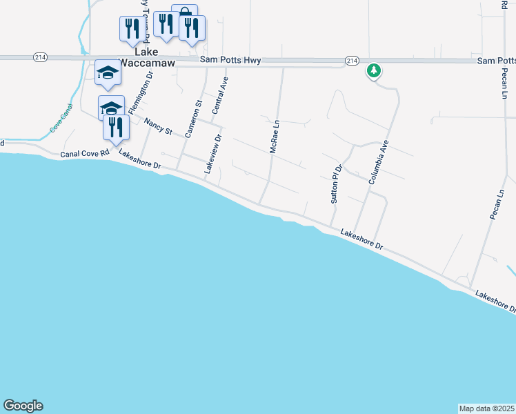 map of restaurants, bars, coffee shops, grocery stores, and more near 513 Lakeshore Drive in Lake Waccamaw