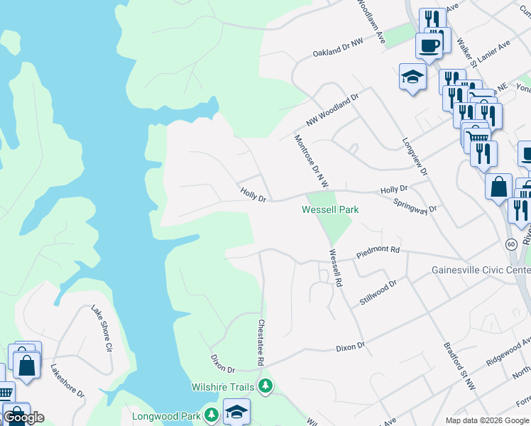 map of restaurants, bars, coffee shops, grocery stores, and more near 675 Holly Drive in Gainesville