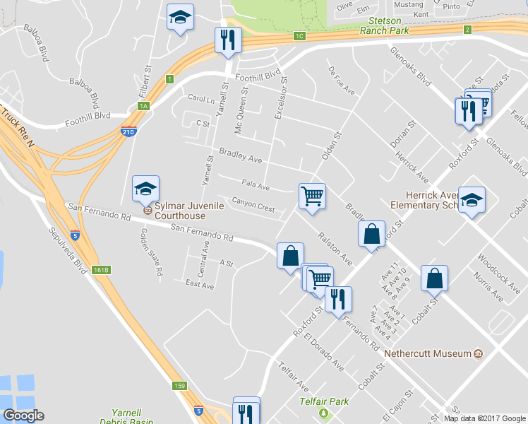 map of restaurants, bars, coffee shops, grocery stores, and more near 15831 Olden Street in Los Angeles