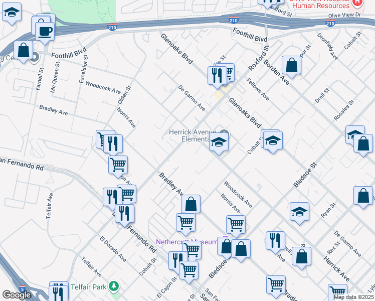 map of restaurants, bars, coffee shops, grocery stores, and more near 15428 Roxford Street in Los Angeles