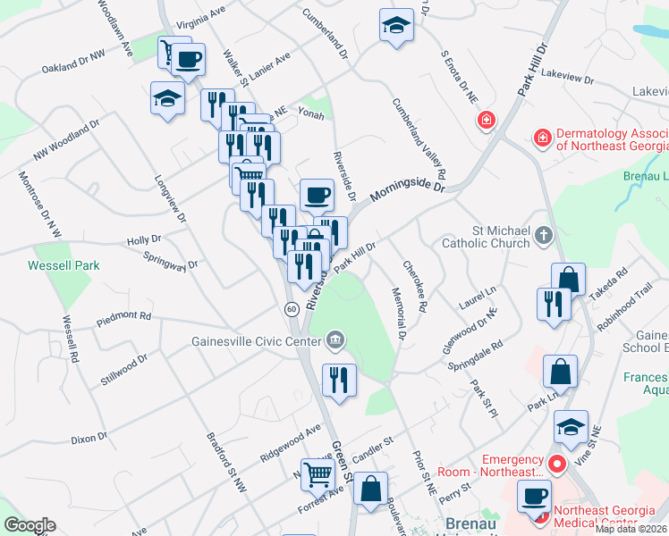 map of restaurants, bars, coffee shops, grocery stores, and more near 1001 Park Hill Drive in Gainesville