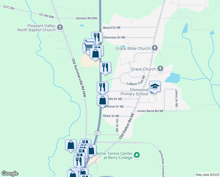 map of restaurants, bars, coffee shops, grocery stores, and more near 3212 Martha Berry Highway in Rome