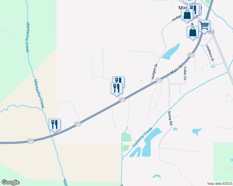 map of restaurants, bars, coffee shops, grocery stores, and more near 100 Devaughn Road in Mantachie