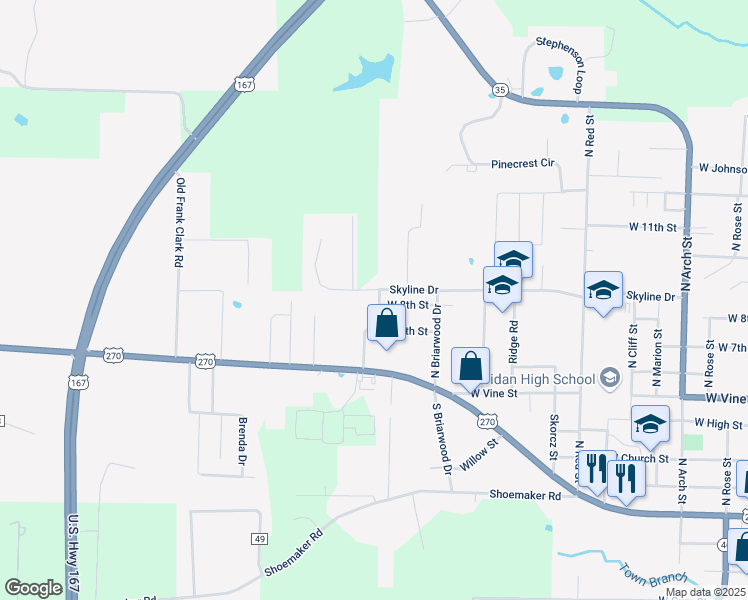 map of restaurants, bars, coffee shops, grocery stores, and more near 755 North Grant Street in Sheridan
