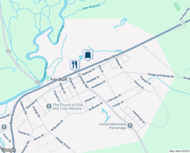 map of restaurants, bars, coffee shops, grocery stores, and more near 115 Waddell Street in Fair Bluff