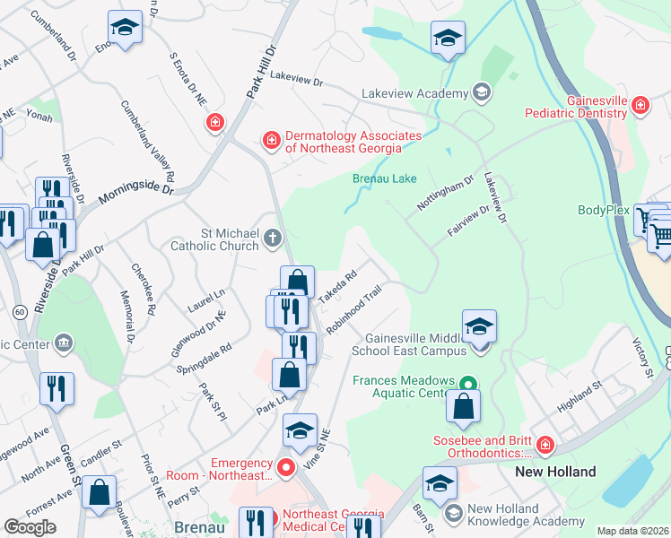 map of restaurants, bars, coffee shops, grocery stores, and more near 1449 Takeda Road in Gainesville