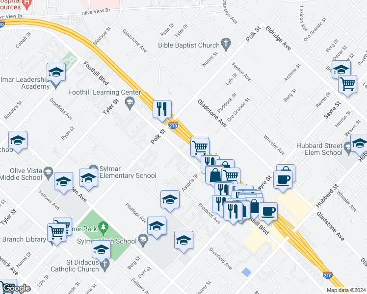 map of restaurants, bars, coffee shops, grocery stores, and more near 14001 Foothill Boulevard in Los Angeles