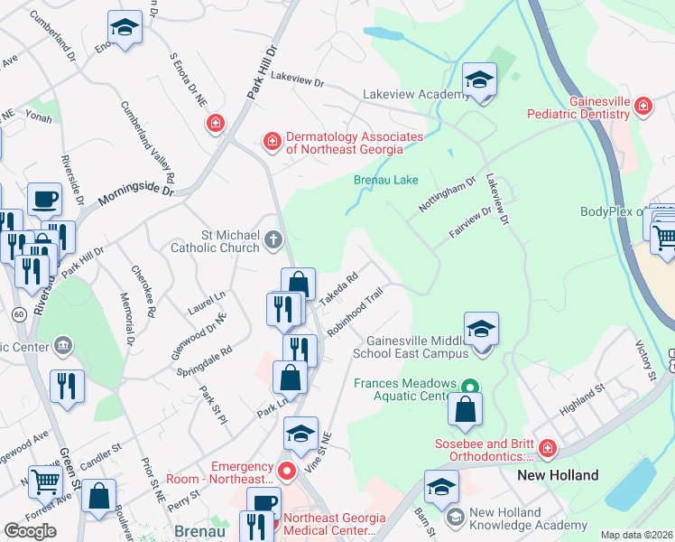 map of restaurants, bars, coffee shops, grocery stores, and more near 1449 Takeda Road in Gainesville