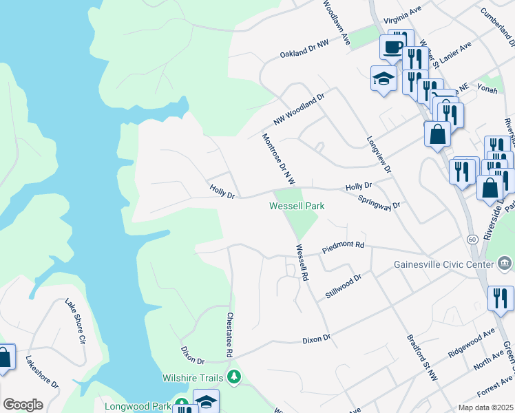 map of restaurants, bars, coffee shops, grocery stores, and more near 613 Holly Drive in Gainesville