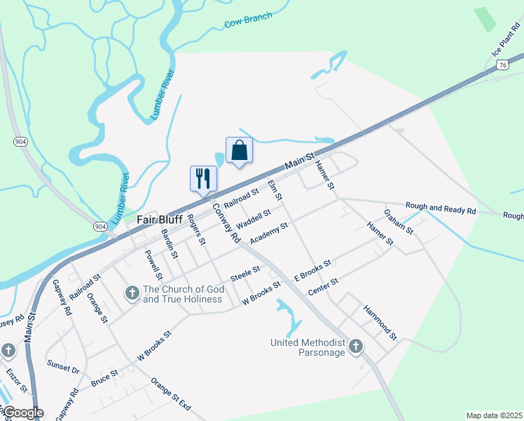 map of restaurants, bars, coffee shops, grocery stores, and more near 127 Waddell Street in Fair Bluff