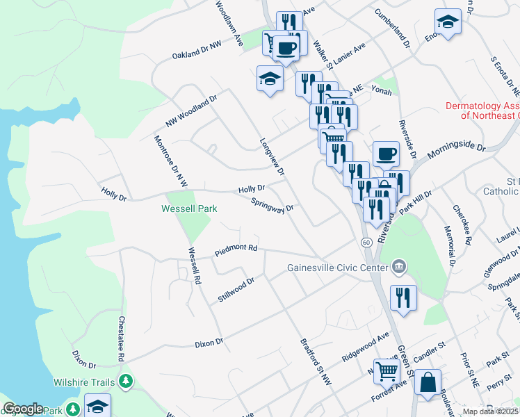 map of restaurants, bars, coffee shops, grocery stores, and more near 1155 Springway Drive in Gainesville