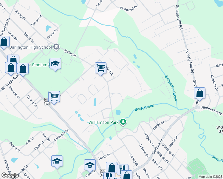 map of restaurants, bars, coffee shops, grocery stores, and more near 304 Spring Street in Darlington