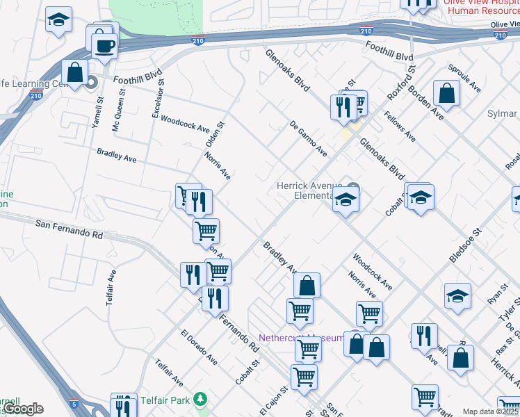map of restaurants, bars, coffee shops, grocery stores, and more near 13324 Bradley Avenue in Los Angeles