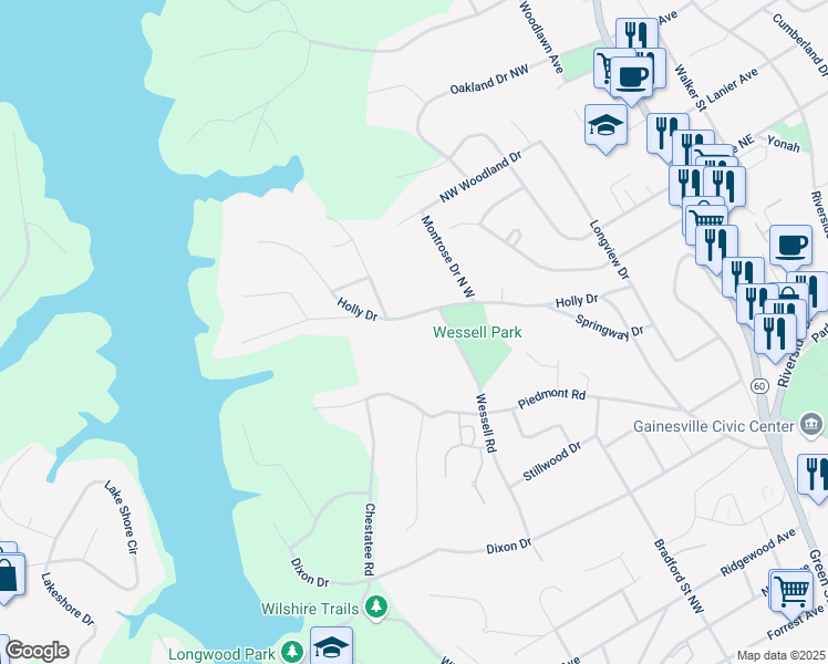 map of restaurants, bars, coffee shops, grocery stores, and more near 613 Holly Drive in Gainesville