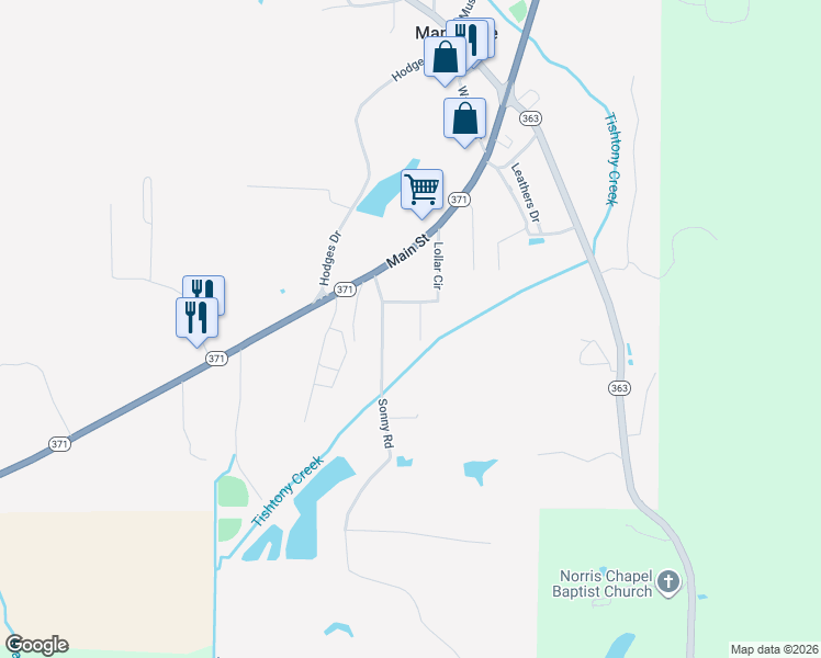 map of restaurants, bars, coffee shops, grocery stores, and more near 20 Fennell Drive in Mantachie