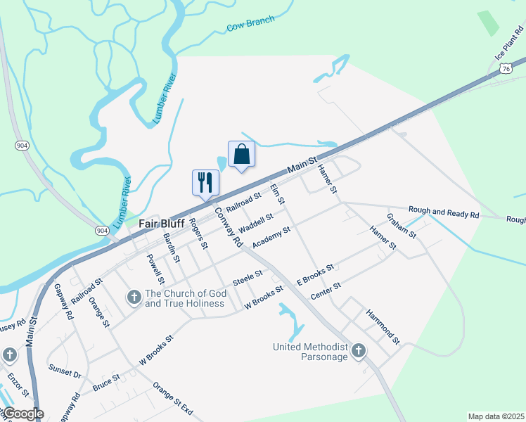 map of restaurants, bars, coffee shops, grocery stores, and more near 127 Waddell Street in Fair Bluff