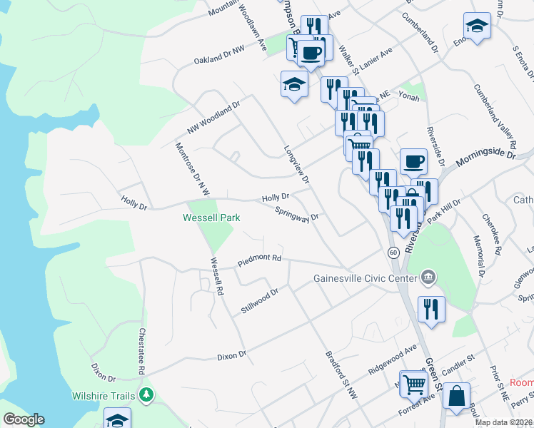 map of restaurants, bars, coffee shops, grocery stores, and more near 1195 Springway Drive in Gainesville
