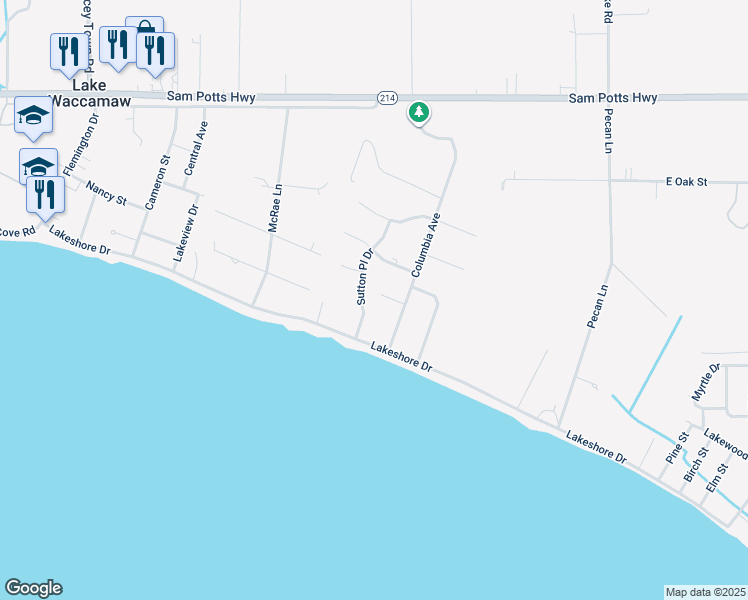 map of restaurants, bars, coffee shops, grocery stores, and more near 109 Grove Circle in Lake Waccamaw