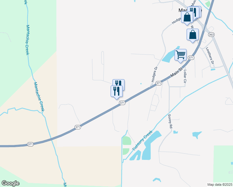 map of restaurants, bars, coffee shops, grocery stores, and more near 1-281 Devaughn Road in Mantachie