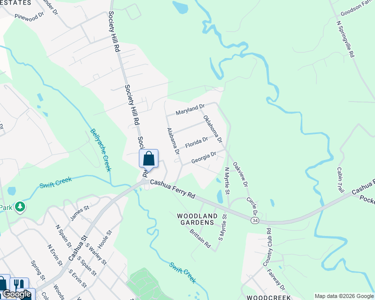 map of restaurants, bars, coffee shops, grocery stores, and more near 102 Tennessee Drive in Darlington
