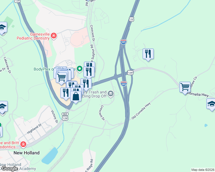 map of restaurants, bars, coffee shops, grocery stores, and more near 730 East Crescent Drive in Gainesville
