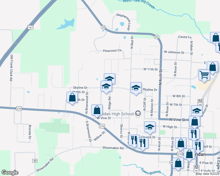 map of restaurants, bars, coffee shops, grocery stores, and more near 1101 Skyline Drive in Sheridan
