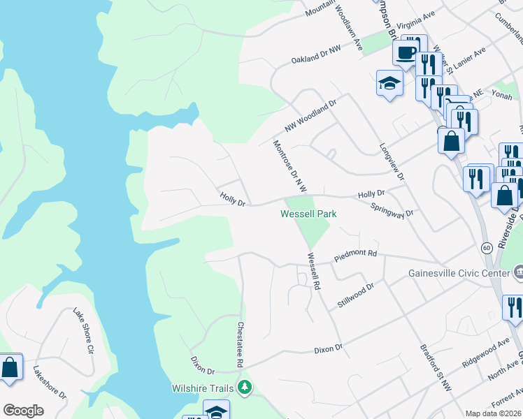map of restaurants, bars, coffee shops, grocery stores, and more near 625 Holly Drive in Gainesville