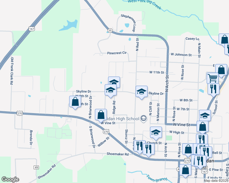 map of restaurants, bars, coffee shops, grocery stores, and more near 1101 Skyline Drive in Sheridan