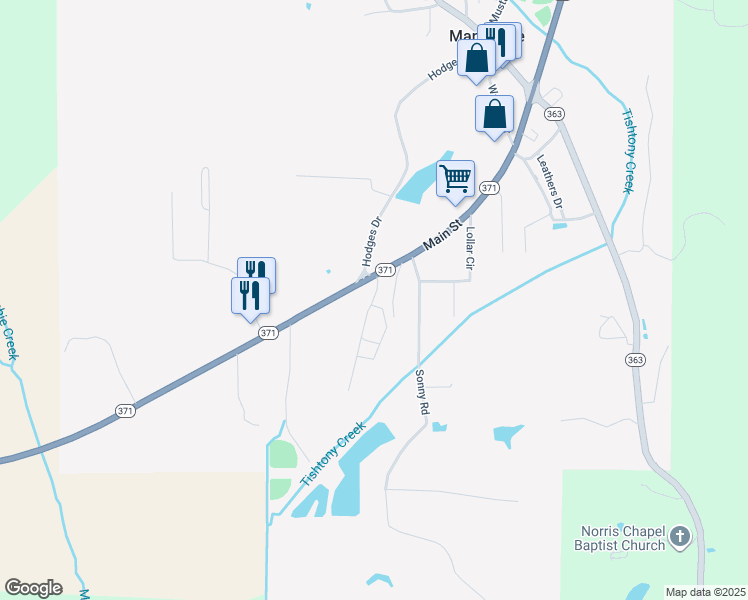 map of restaurants, bars, coffee shops, grocery stores, and more near 211 Ivie Lane in Mantachie