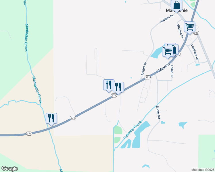 map of restaurants, bars, coffee shops, grocery stores, and more near 1-281 Devaughn Road in Mantachie