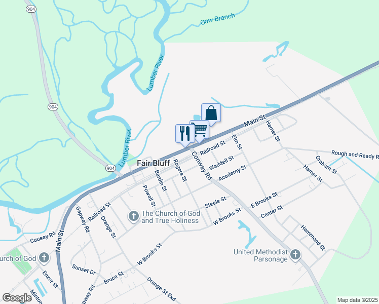 map of restaurants, bars, coffee shops, grocery stores, and more near 875 Conway Road in Fair Bluff
