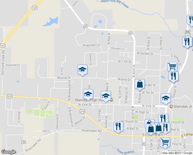 map of restaurants, bars, coffee shops, grocery stores, and more near 7 Smokey Ridge Court in Sheridan
