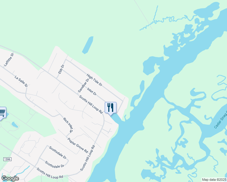 map of restaurants, bars, coffee shops, grocery stores, and more near 215 High Tide Drive in Wilmington