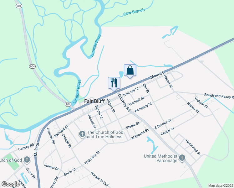 map of restaurants, bars, coffee shops, grocery stores, and more near 875 Conway Road in Fair Bluff