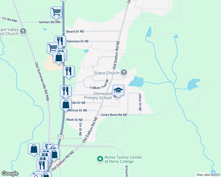 map of restaurants, bars, coffee shops, grocery stores, and more near 470 Old Dalton Road Northeast in Rome