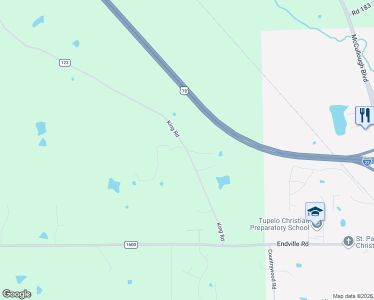 map of restaurants, bars, coffee shops, grocery stores, and more near 405 King Road in Tupelo