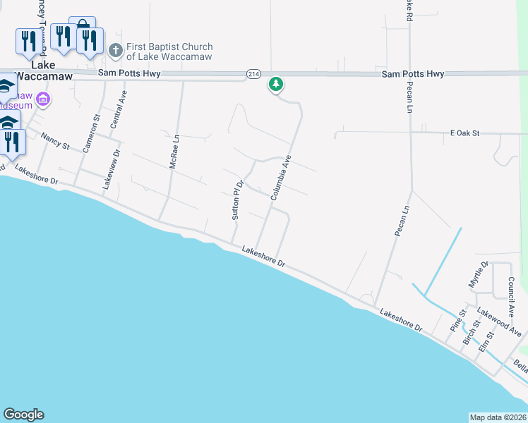 map of restaurants, bars, coffee shops, grocery stores, and more near 506 Columbia Avenue in Lake Waccamaw